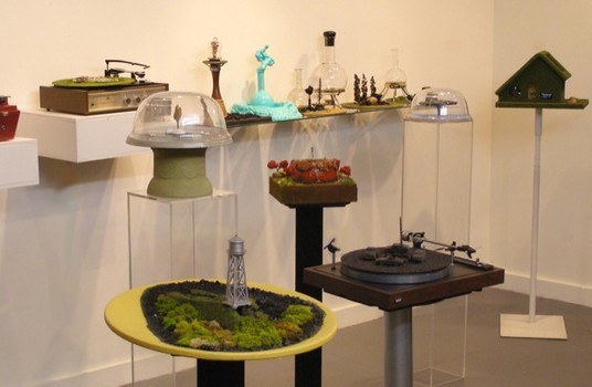 Work Gallery in Brooklyn has organized a show devoted to examining bizarre natural environments that will include a trailer with a park inside of it. Shown here, various miniaturized environments.